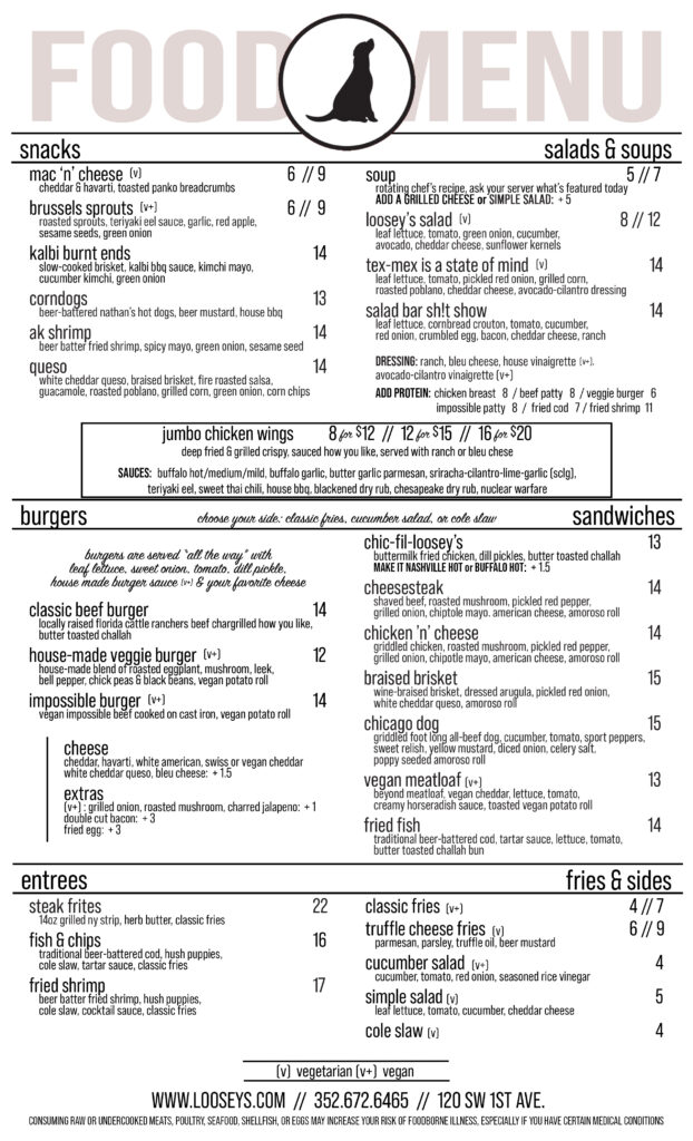 Loosey's Downtown Spring 2025 Food Menu 